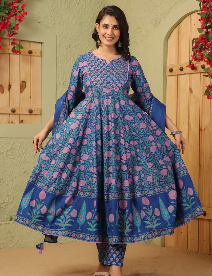 Royal Blue Printed Cotton Anarkali Suit Set with Dupatta