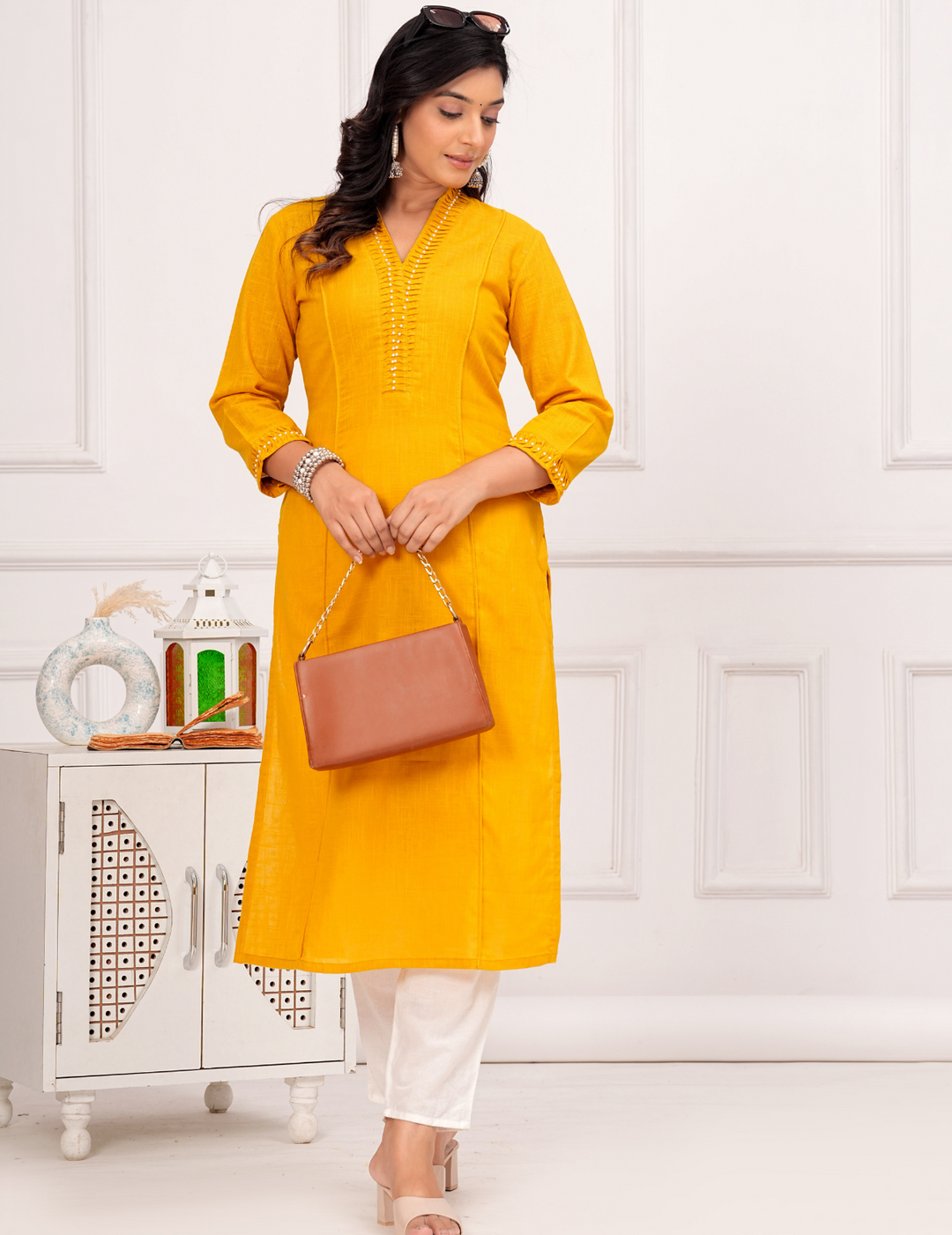 Golden Mustard Embroidered Kurta