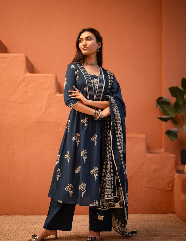 Navy Blue Floral Printed Pure Cotton Kurta Set with Dupatta