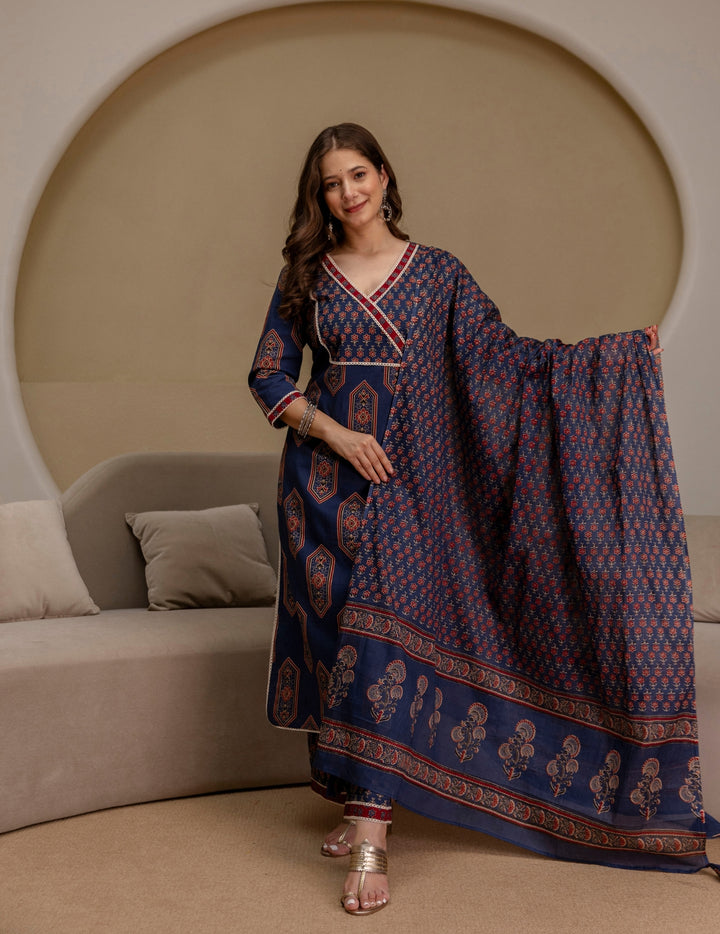Navy Blue Ajrakh Print Cotton Suit Set
