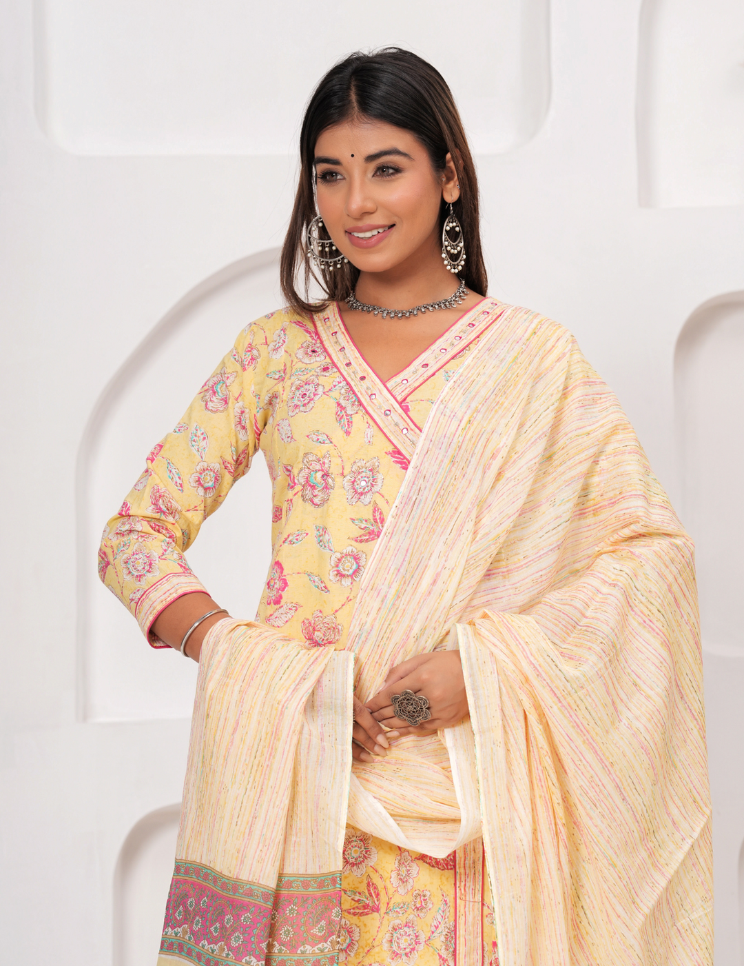 Elegant Floral Yellow Cotton Kurta Set