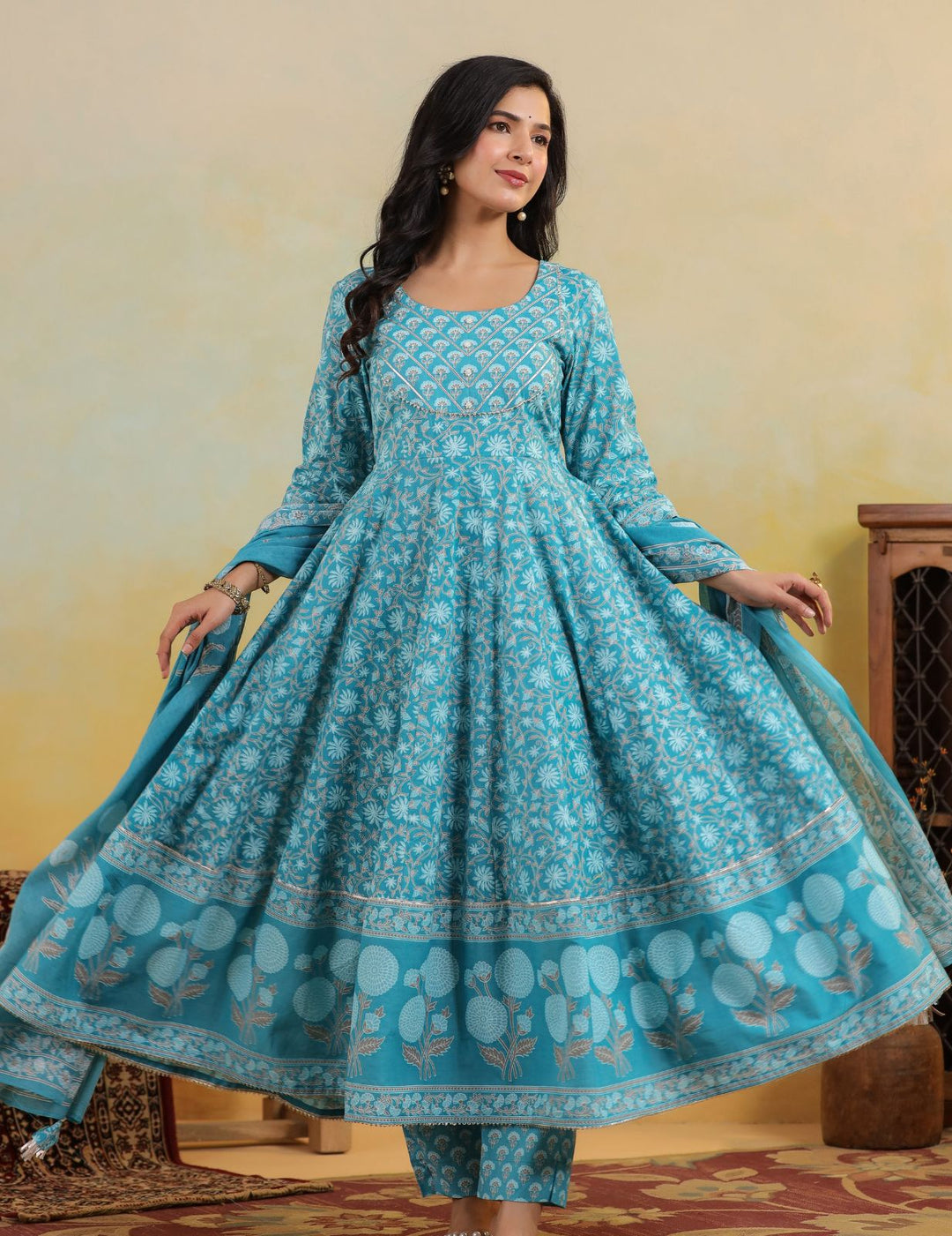 Turquoise Blue Floral Cotton Anarkali Suit Set with Dupatta