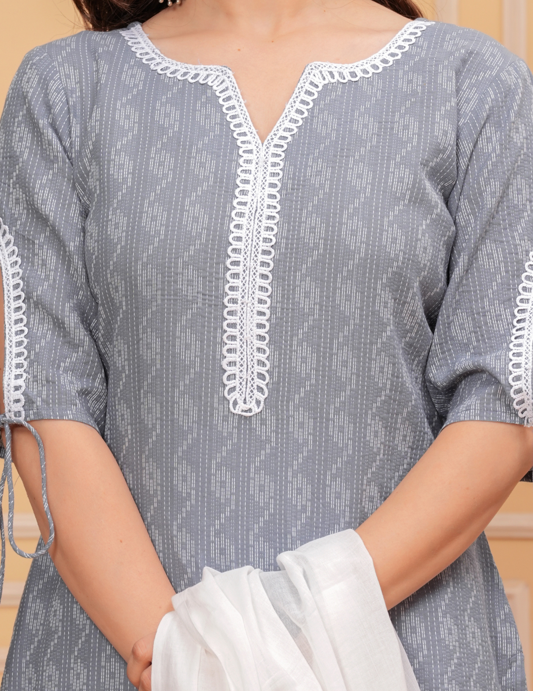 Elegant Grey Kurta Set with White Lace Detailing