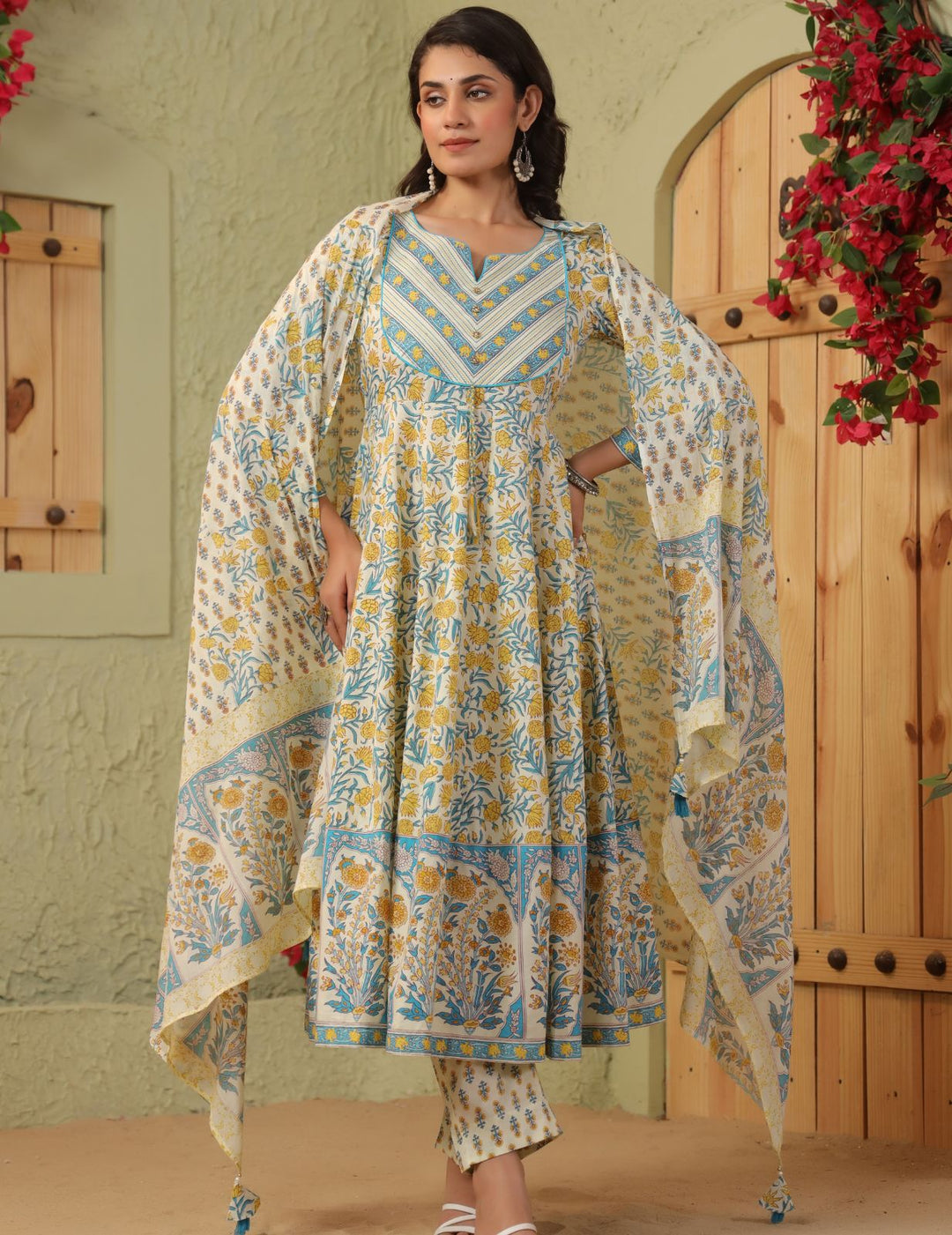 Ivory Floral Printed Cotton Anarkali Suit Set