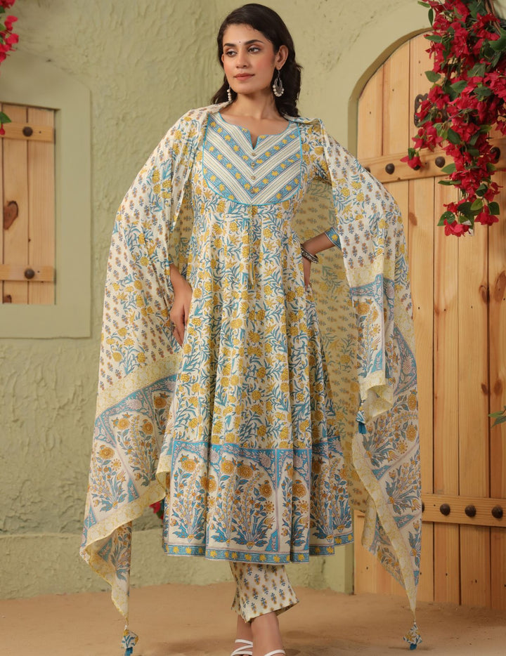 Ivory Floral Printed Cotton Anarkali Suit Set