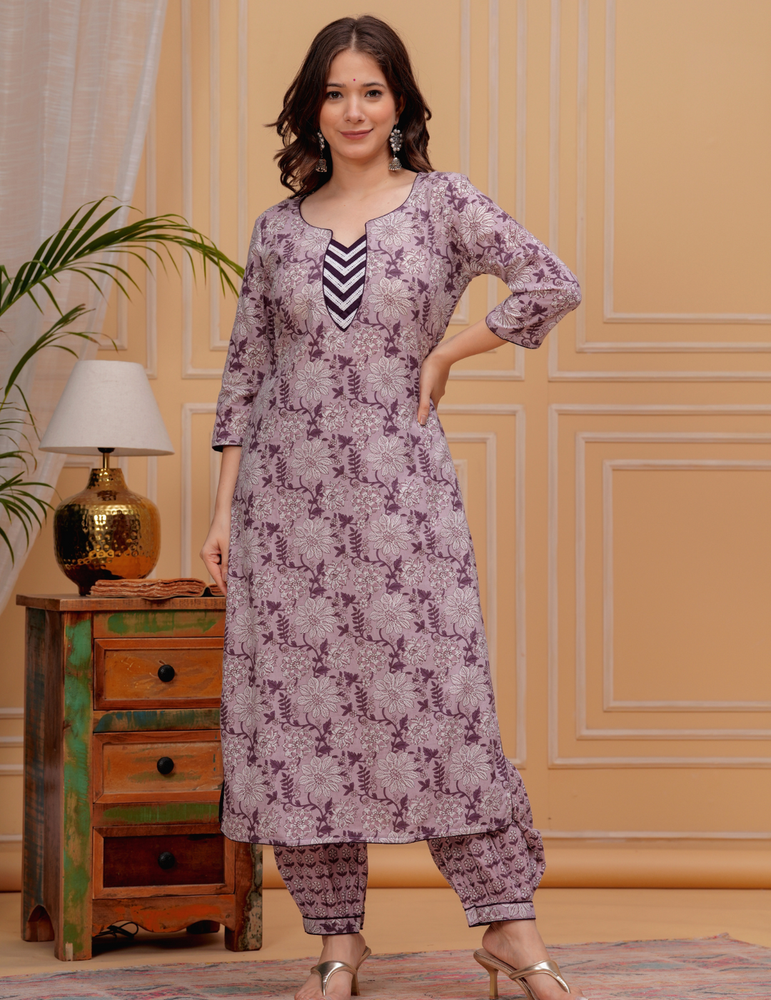 Delicate Lilac Floral Cotton Kurta Set