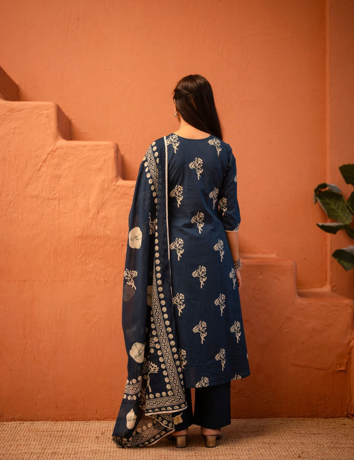 Navy Blue Floral Printed Pure Cotton Kurta Set with Dupatta