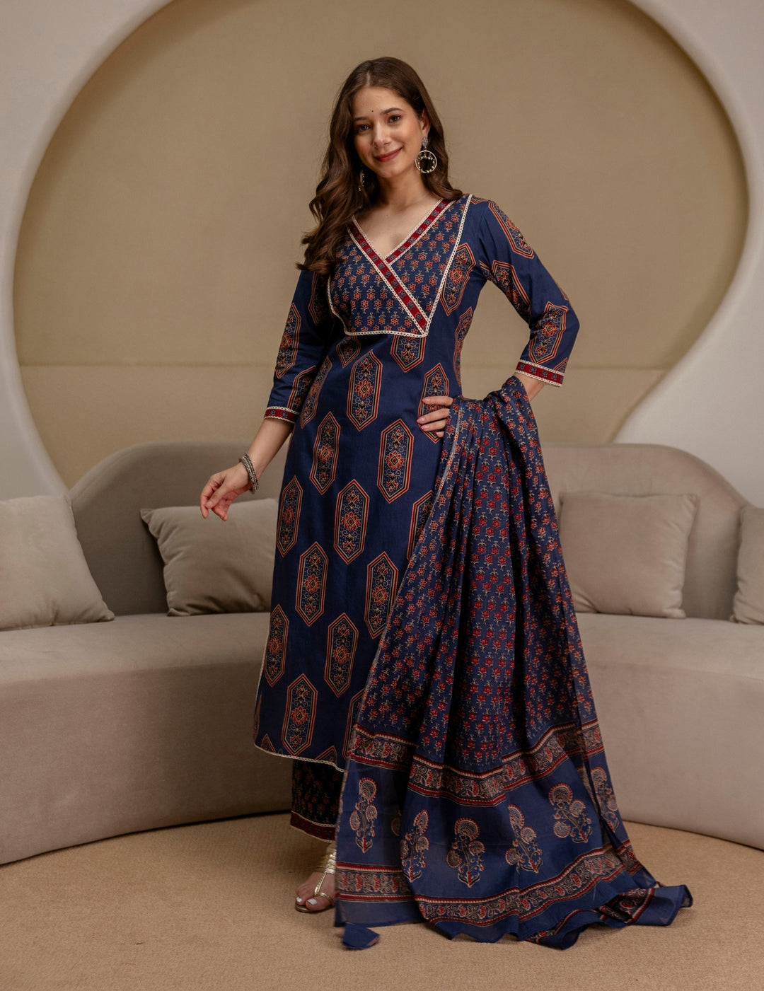 Navy Blue Ajrakh Print Cotton Suit Set