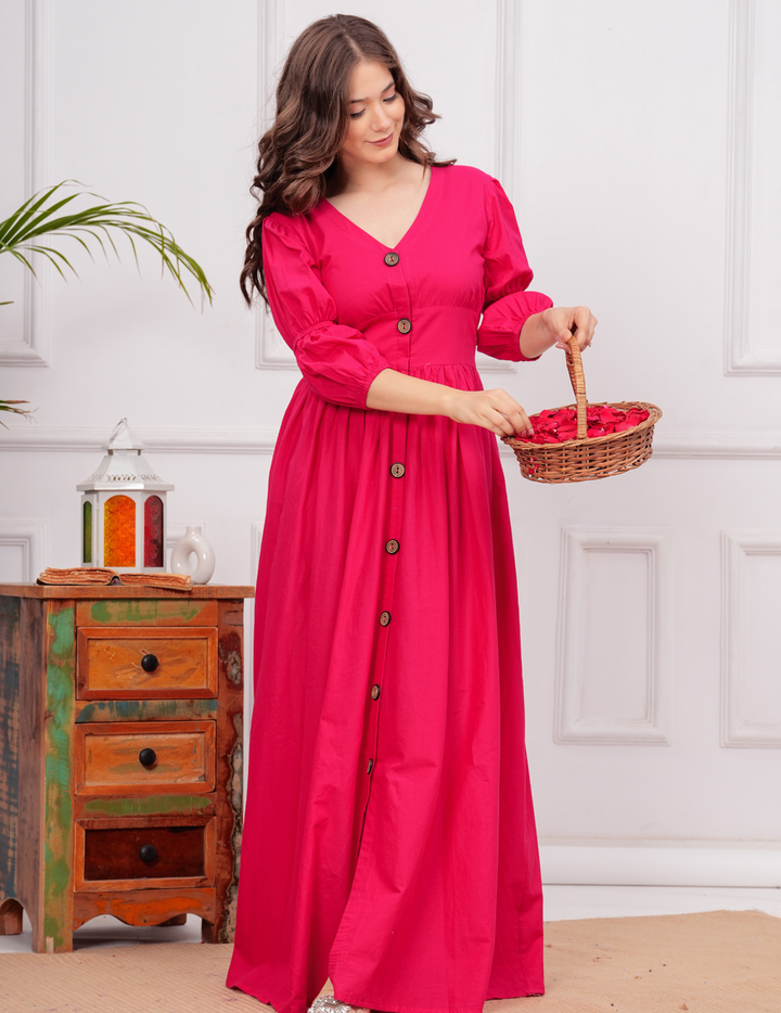 Elegant Hot Pink Maxi Dress with Button-Front Design