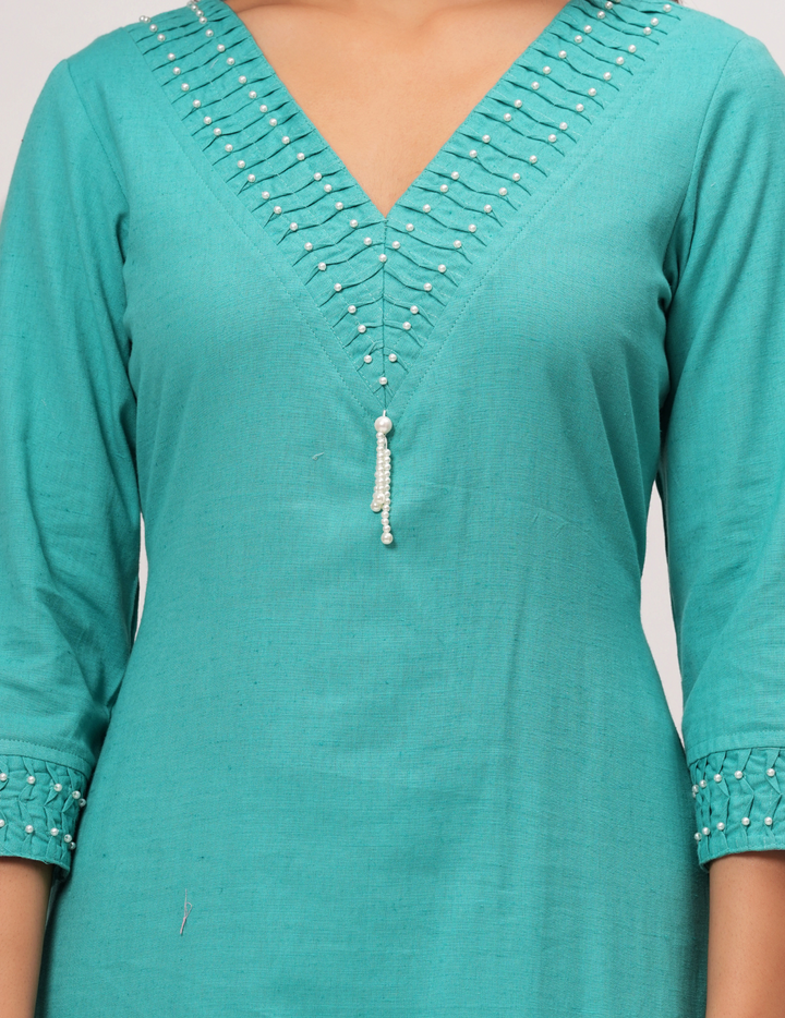 Turquoise Pearl-Embellished Kurta