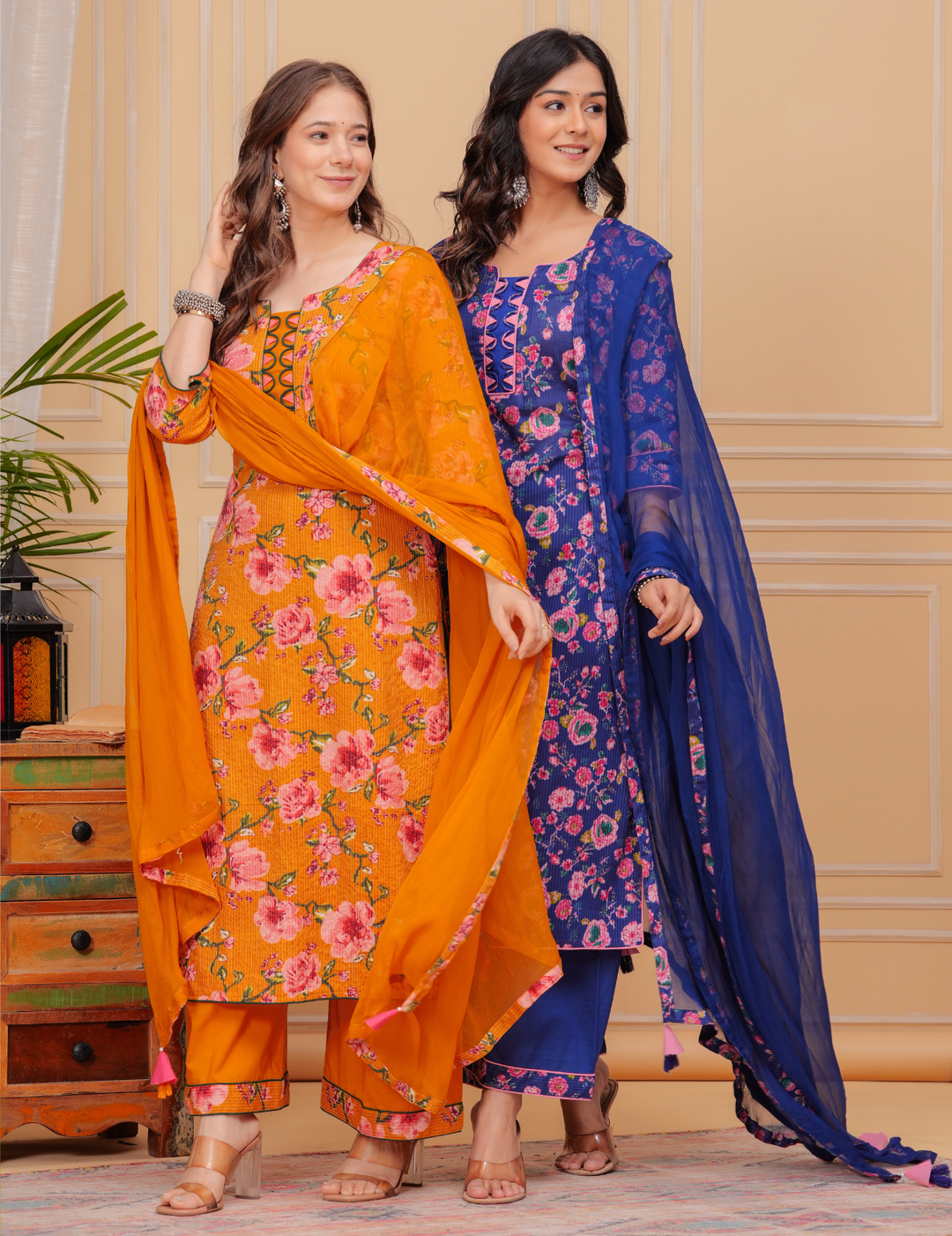 Vibrant Floral Cotton Kurta Sets - Yellow and Blue