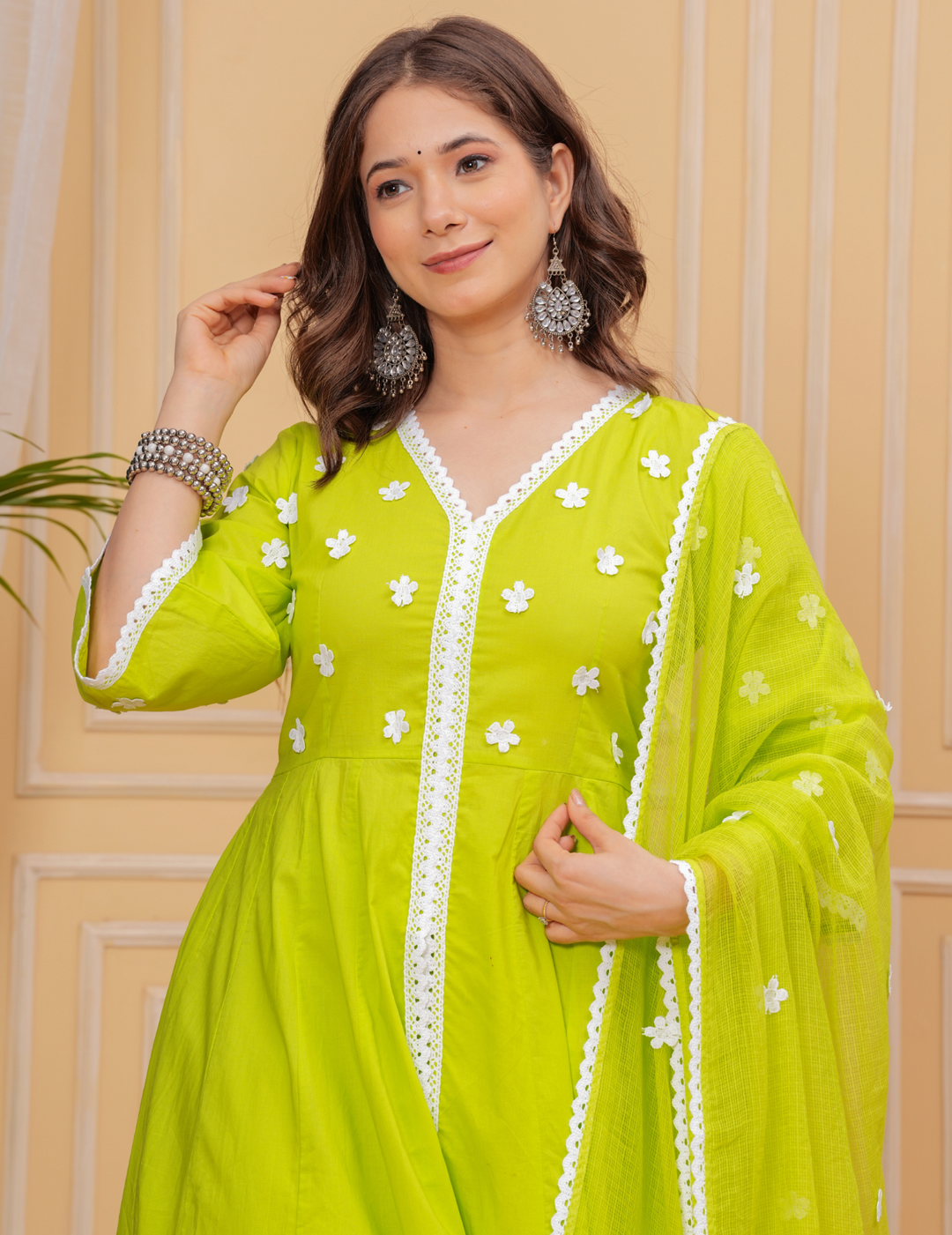 Vibrant Lime Green Anarkali Set with Floral Embroidery