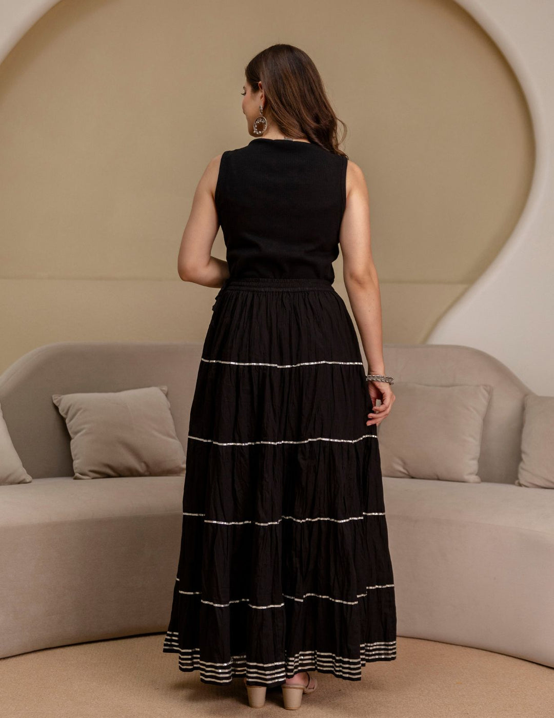Black Mul Cotton Tiered Skirt