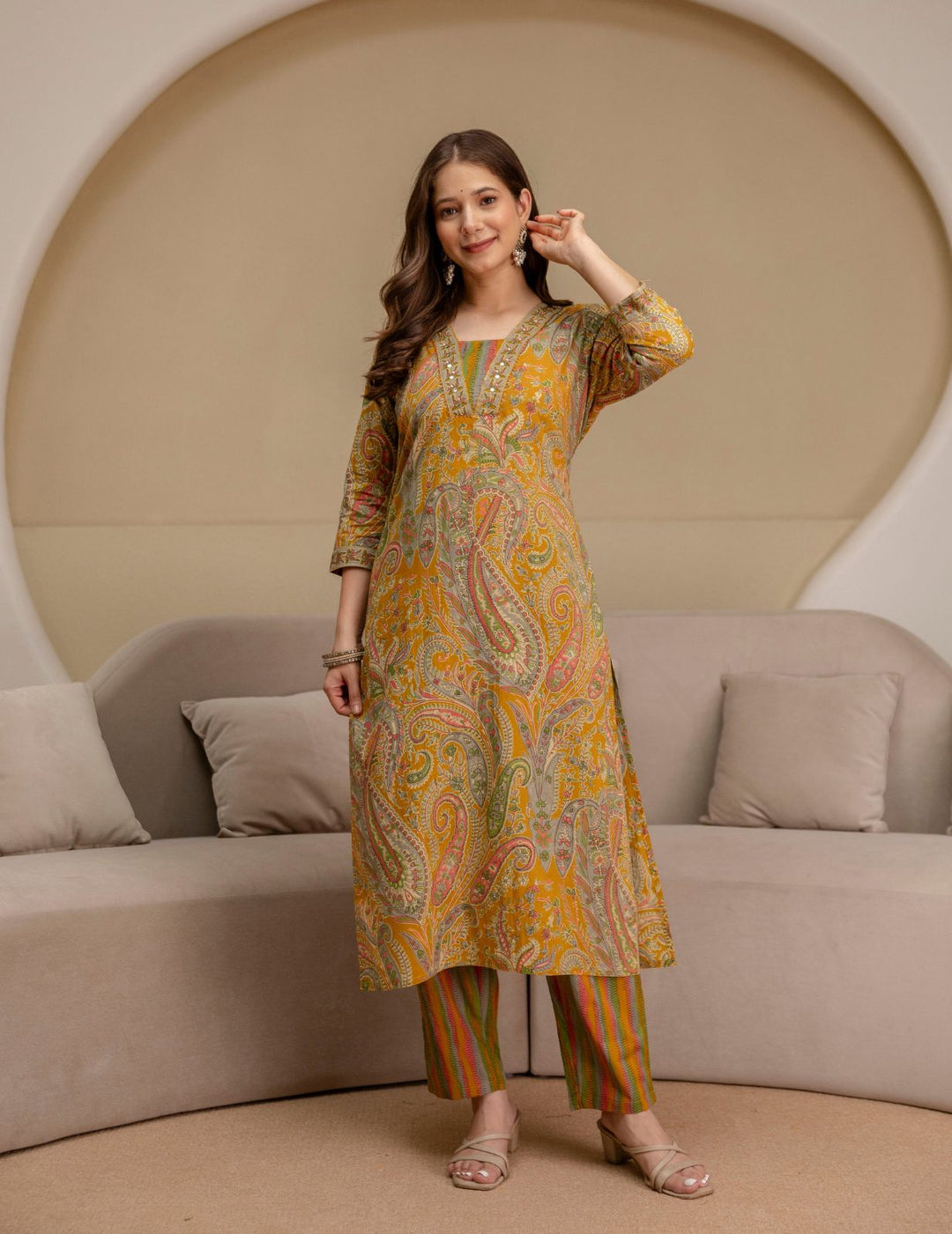 Mustard Yellow Paisley Cotton Suit Set