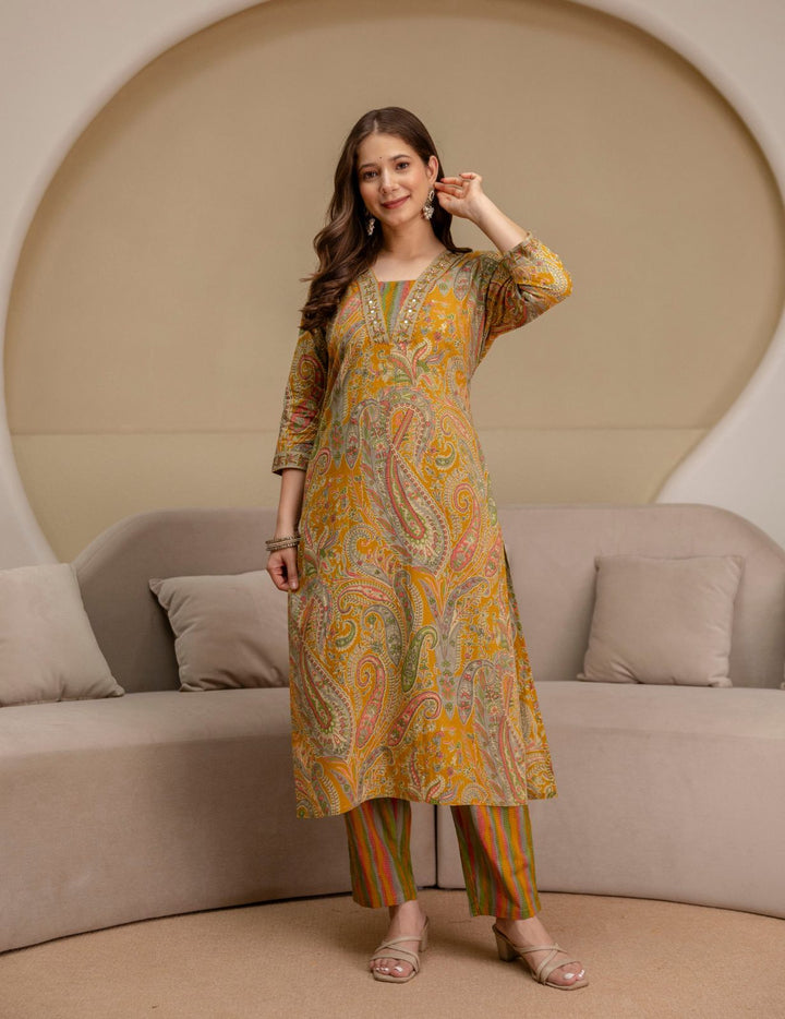 Mustard Yellow Paisley Cotton Suit Set