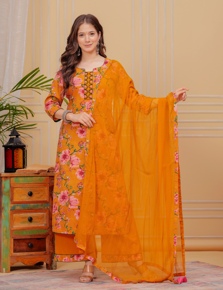 Vibrant Floral Cotton Kurta Sets - Yellow and Blue