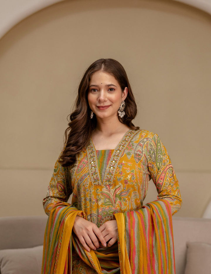 Mustard Yellow Paisley Cotton Suit Set