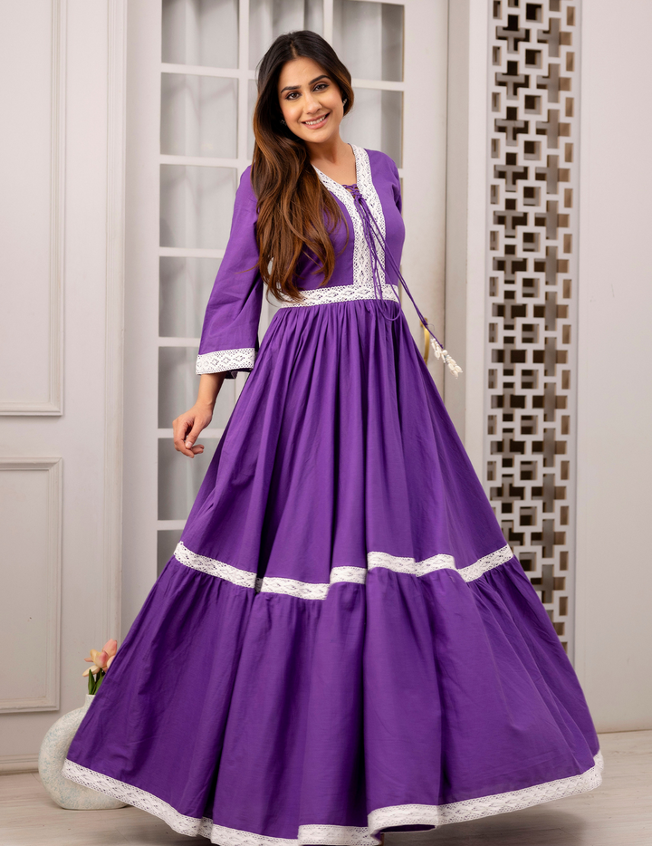 Regal Purple Lace-Trimmed Maxi Dress