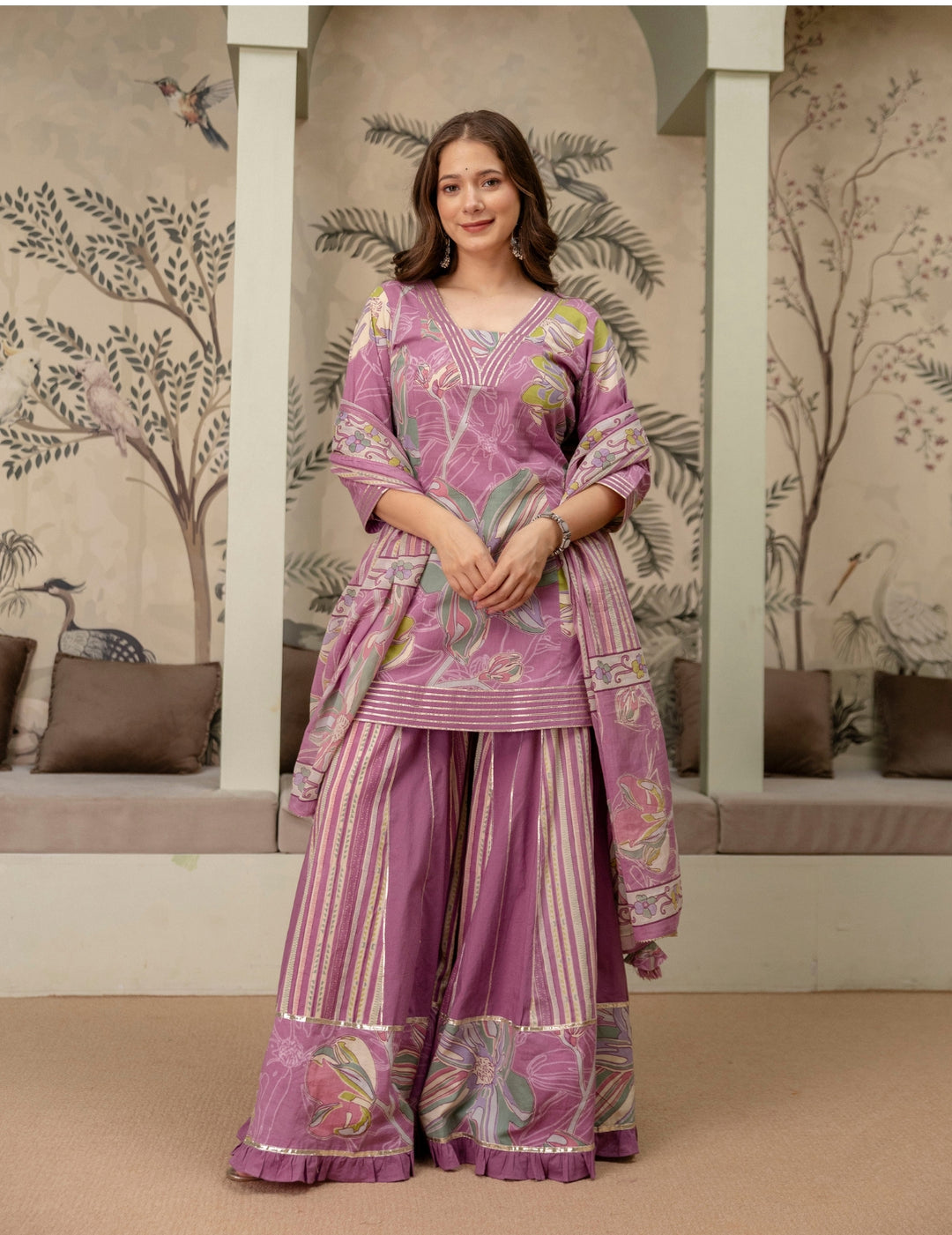 Mauve Floral Cotton Sharara Suit