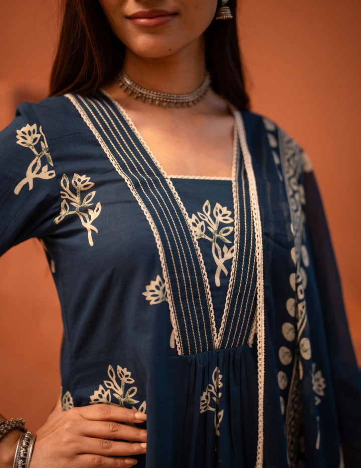 Navy Blue Floral Printed Pure Cotton Kurta Set with Dupatta