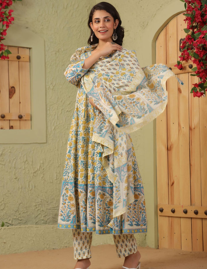 Ivory Floral Printed Cotton Anarkali Suit Set