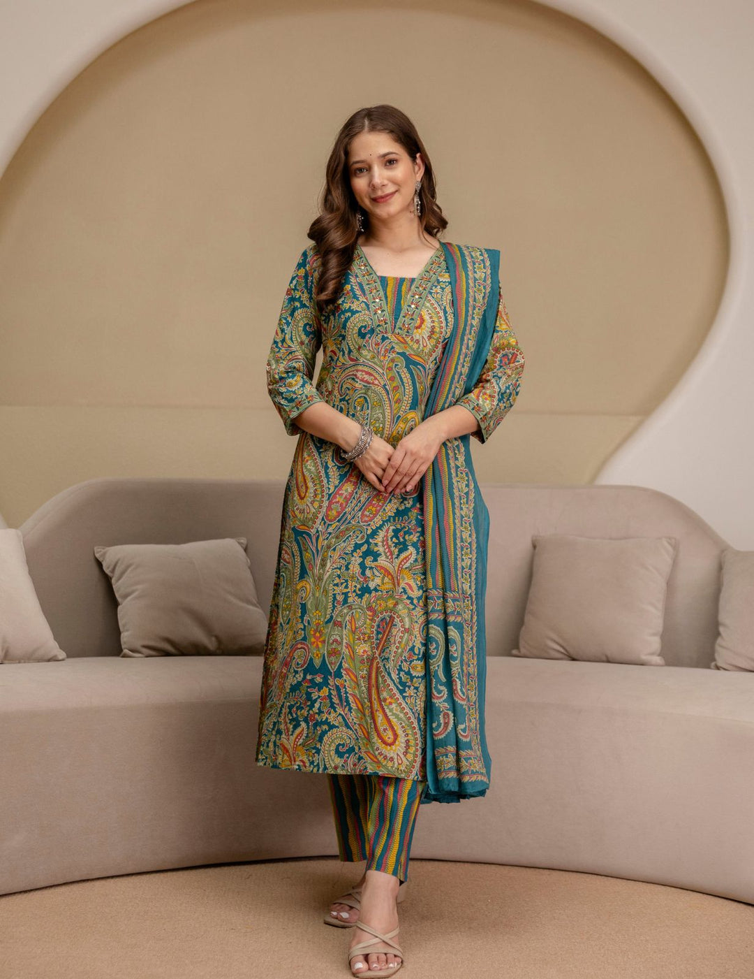 Teal Blue Paisley Cotton Suit Set
