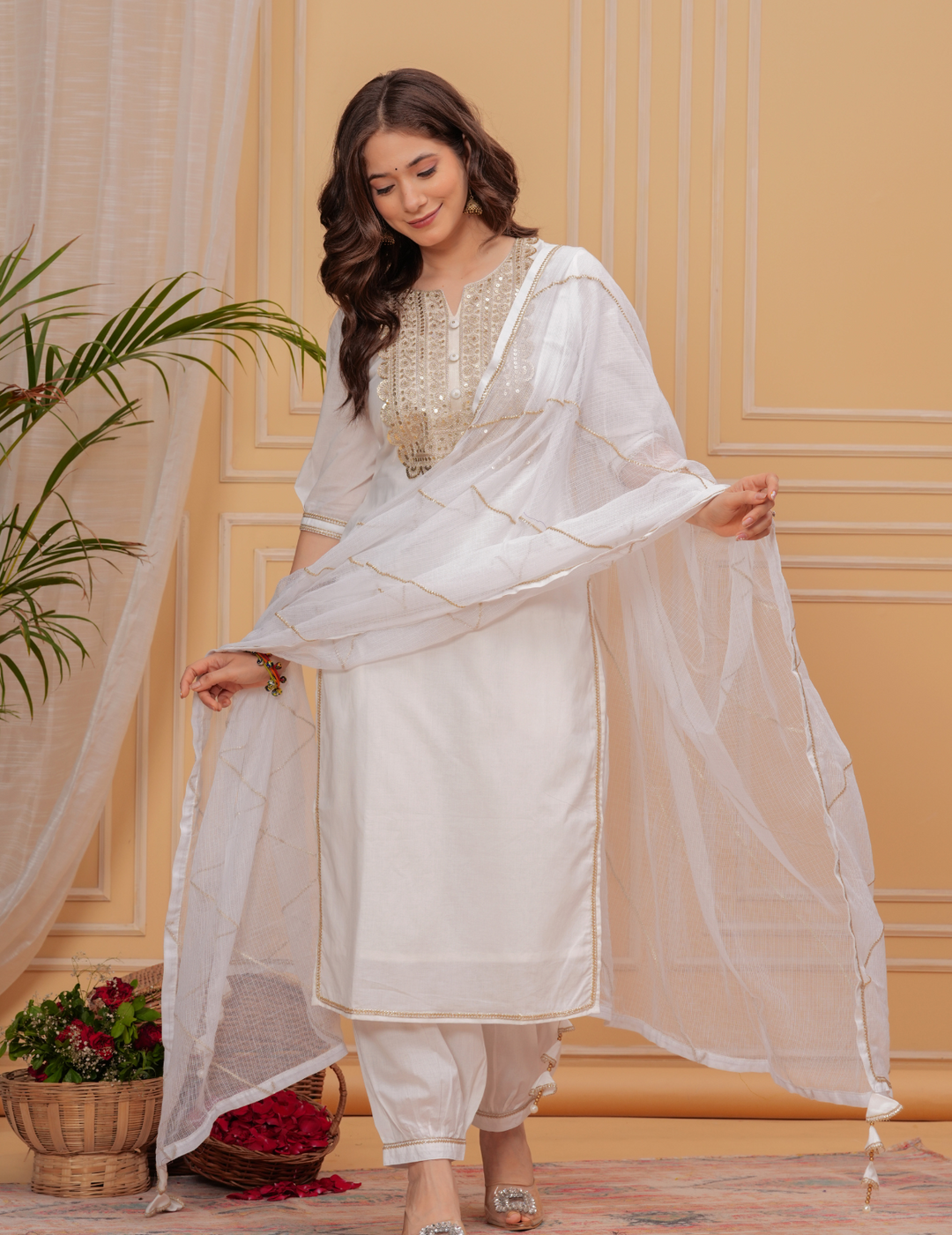 Elegant White Embroidered Kurta Set with Dupatta