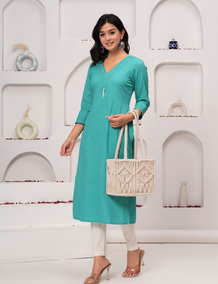 Turquoise Pearl-Embellished Kurta