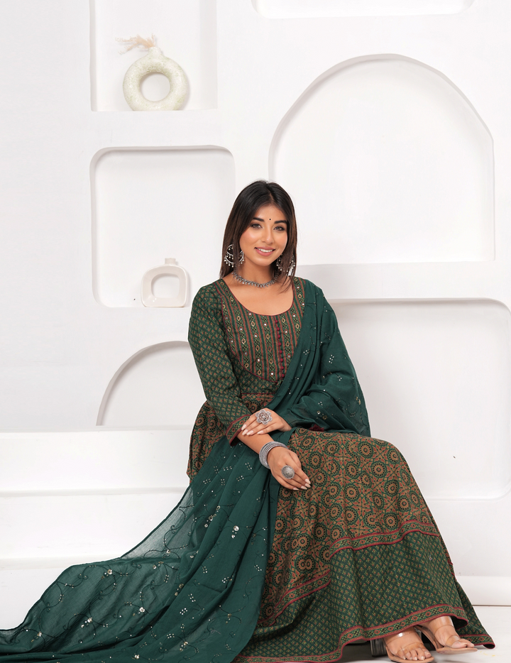 Elegant Green Printed Anarkali Set