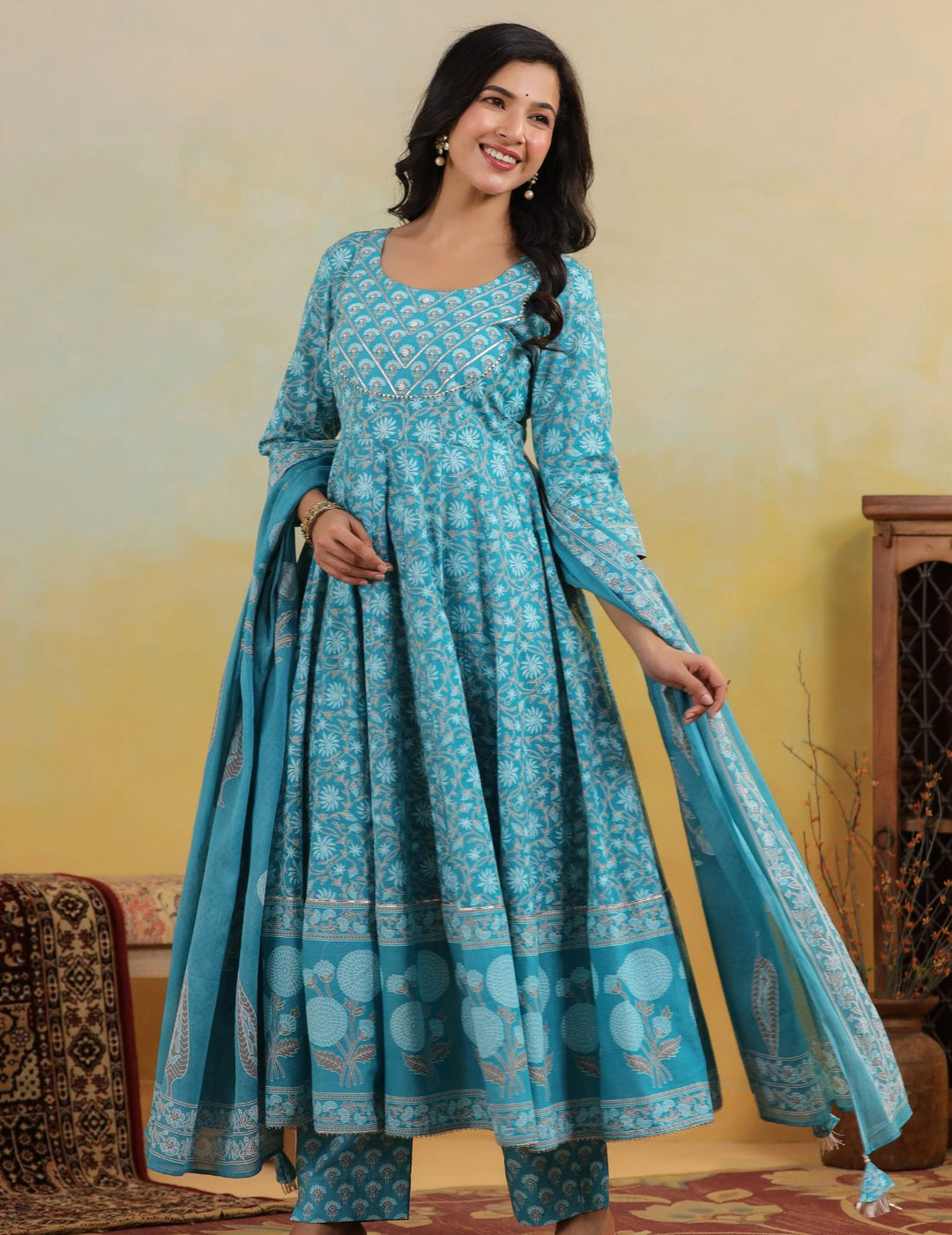 Turquoise Blue Floral Cotton Anarkali Suit Set with Dupatta
