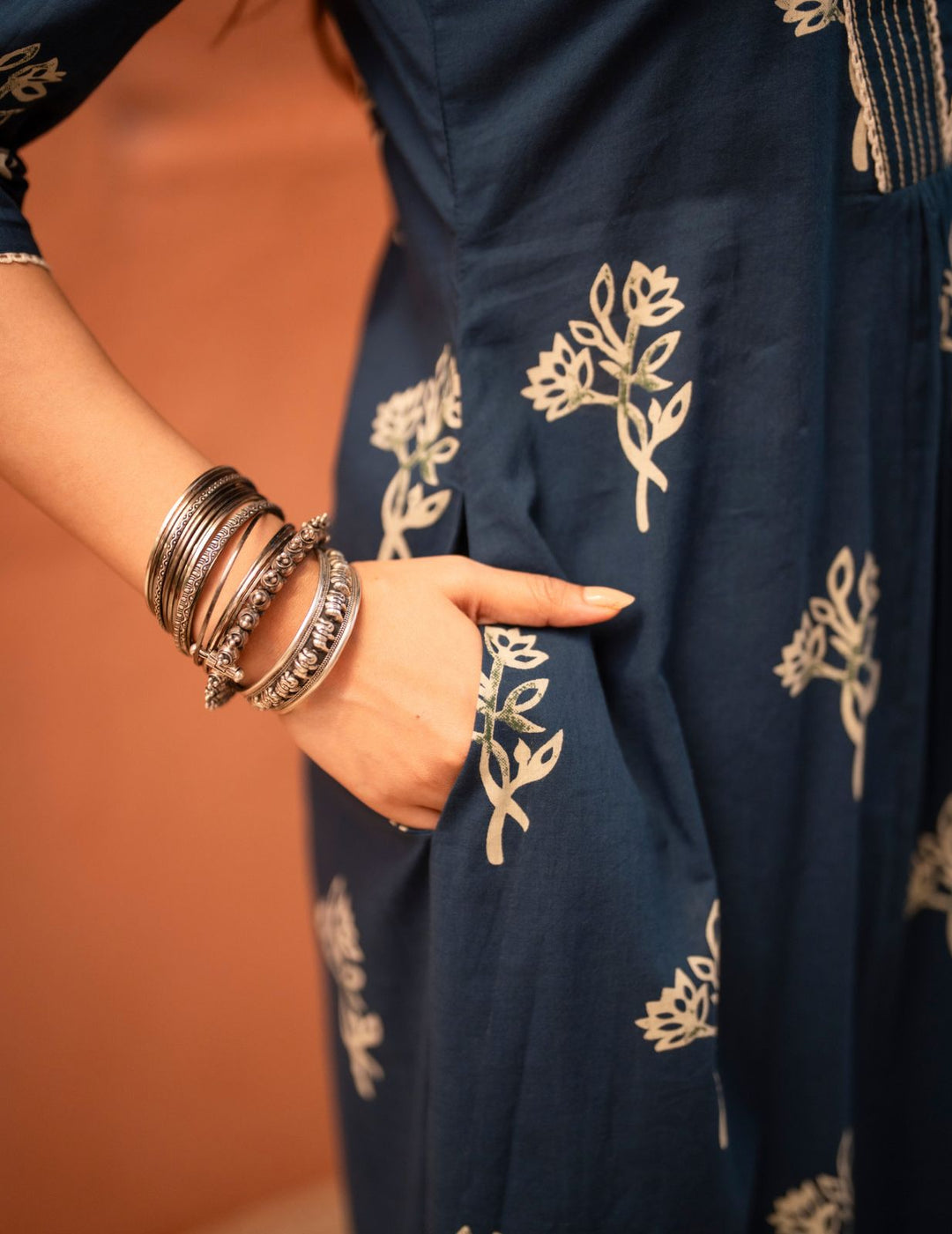 Navy Blue Floral Printed Pure Cotton Kurta Set with Dupatta