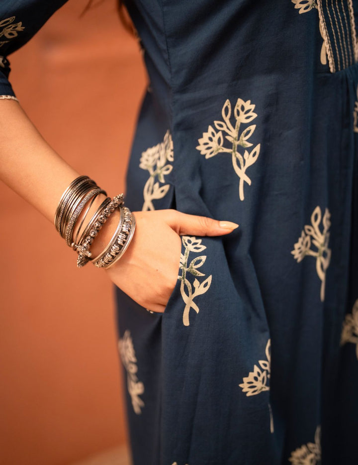 Navy Blue Floral Printed Pure Cotton Kurta Set with Dupatta