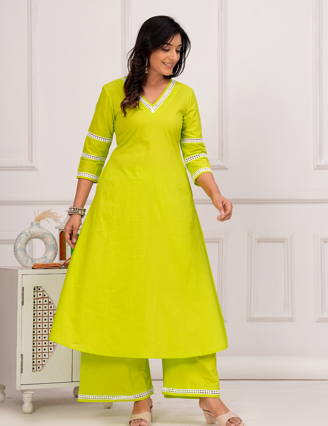 Lime Green Crochet Trim Cotton Set tushti-apparels Lime Green Crochet Trim Cotton Set tushti-apparels