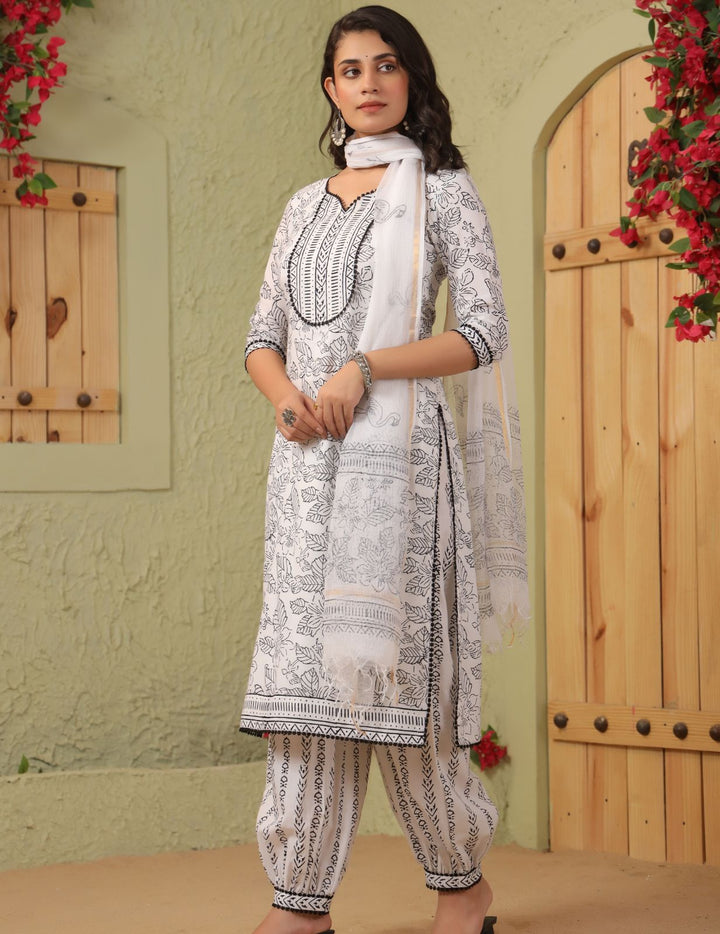 Black White Block Print Cotton Suit Set