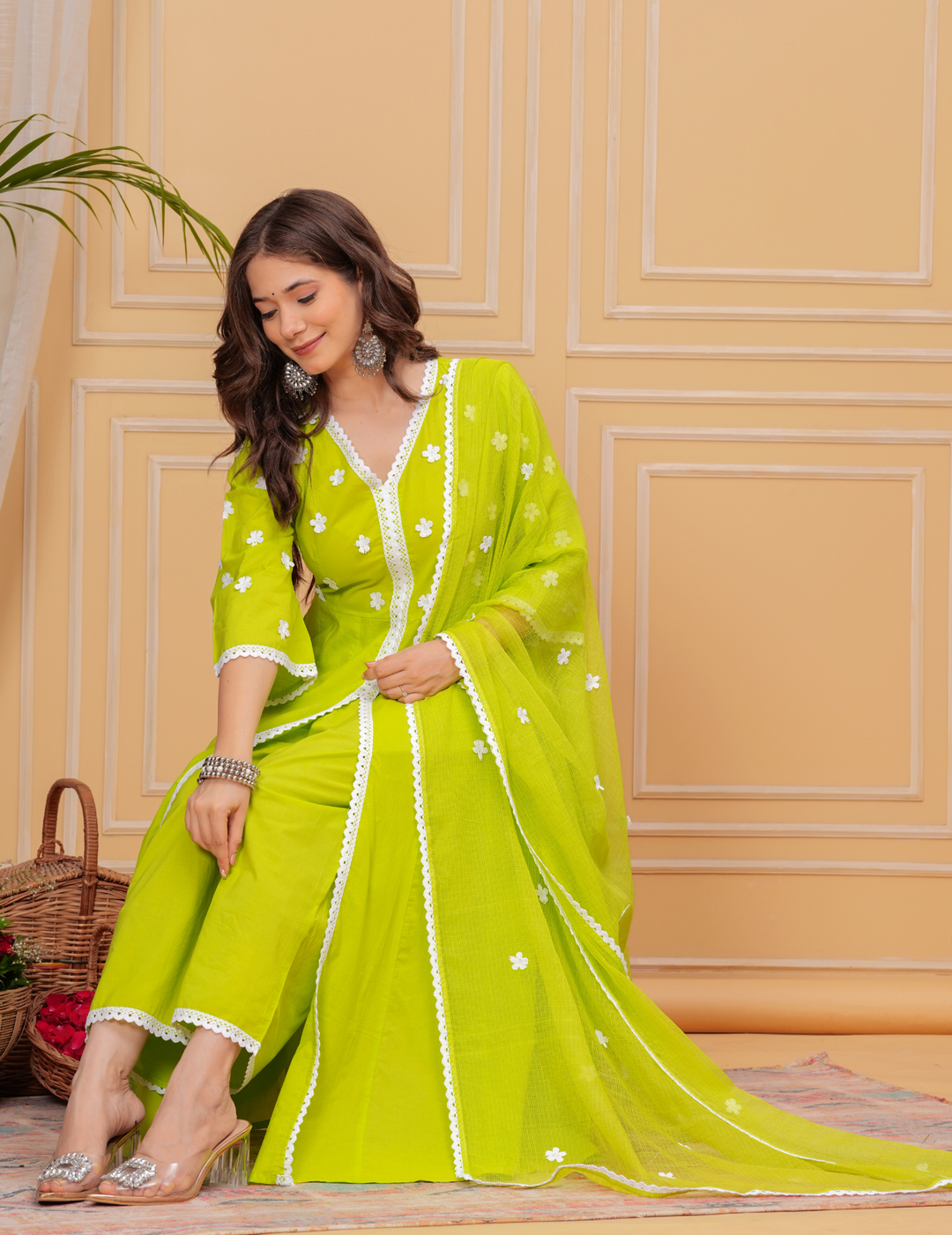 Vibrant Lime Green Anarkali Set with Floral Embroidery