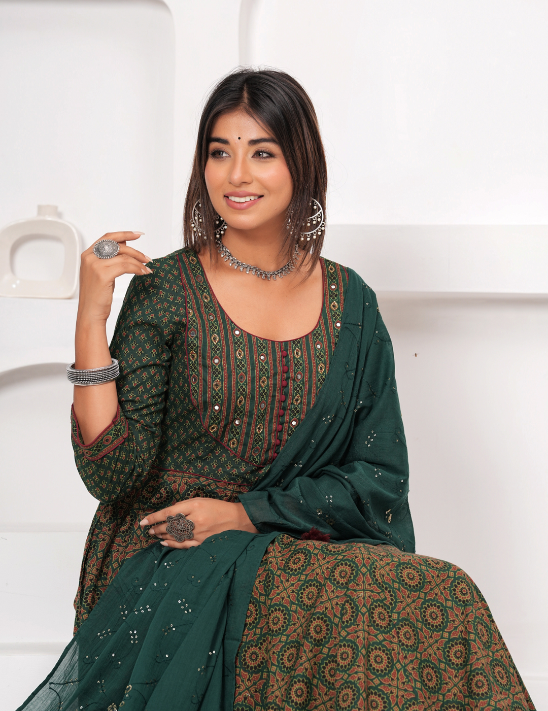 Elegant Green Printed Anarkali Set