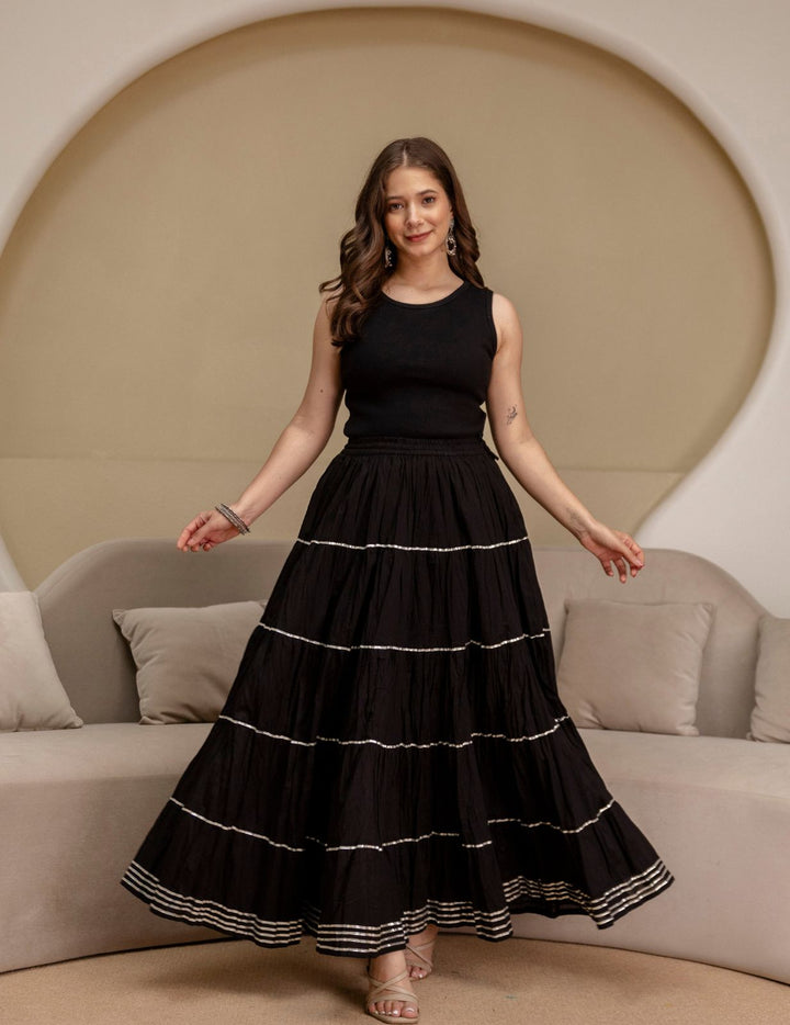 Black Mul Cotton Tiered Skirt