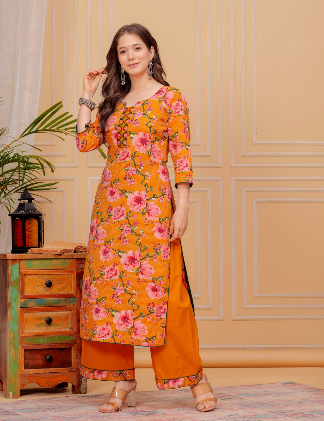 Vibrant Floral Cotton Kurta Sets - Yellow and Blue