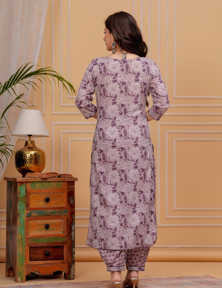 Delicate Lilac Floral Cotton Kurta Set