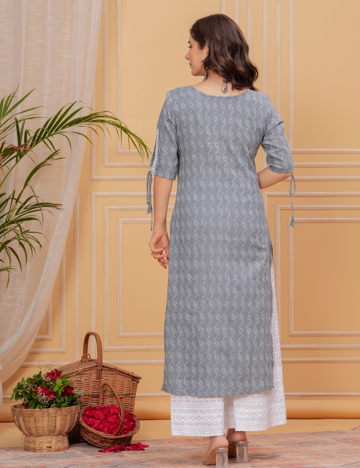 Elegant Grey Kurta Set with White Lace Detailing