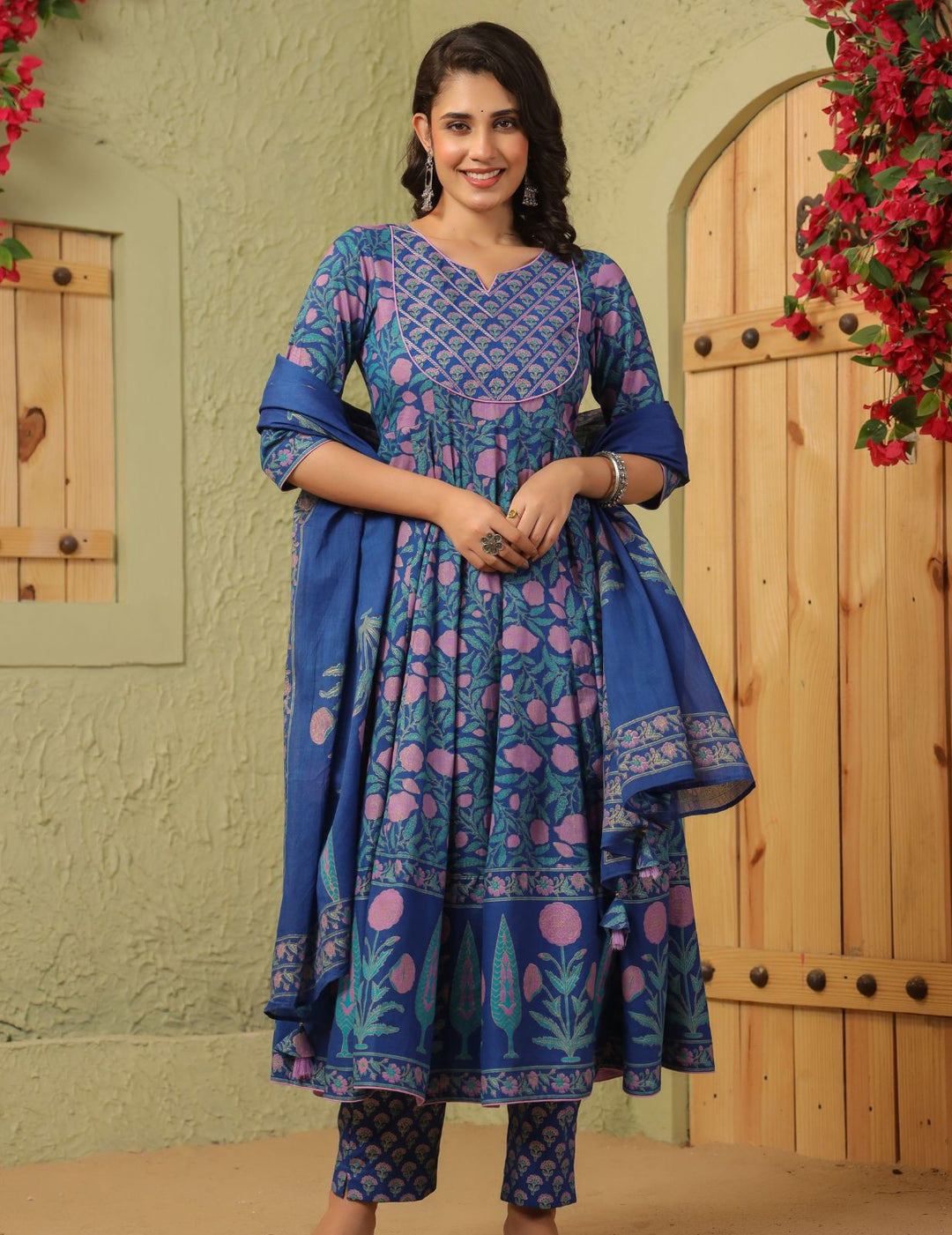 Royal Blue Printed Cotton Anarkali Suit Set with Dupatta