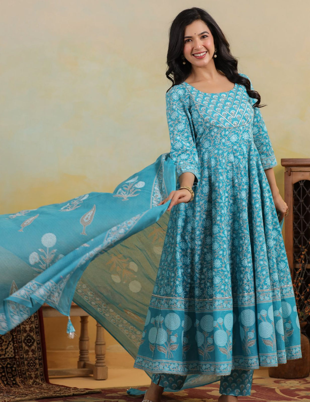 Turquoise Blue Floral Cotton Anarkali Suit Set with Dupatta