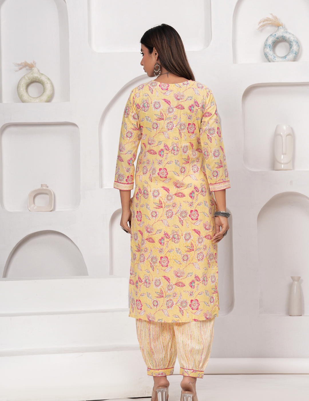 Elegant Floral Yellow Cotton Kurta Set