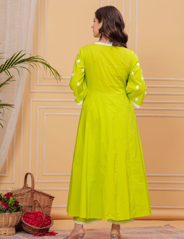 Vibrant Lime Green Anarkali Set with Floral Embroidery