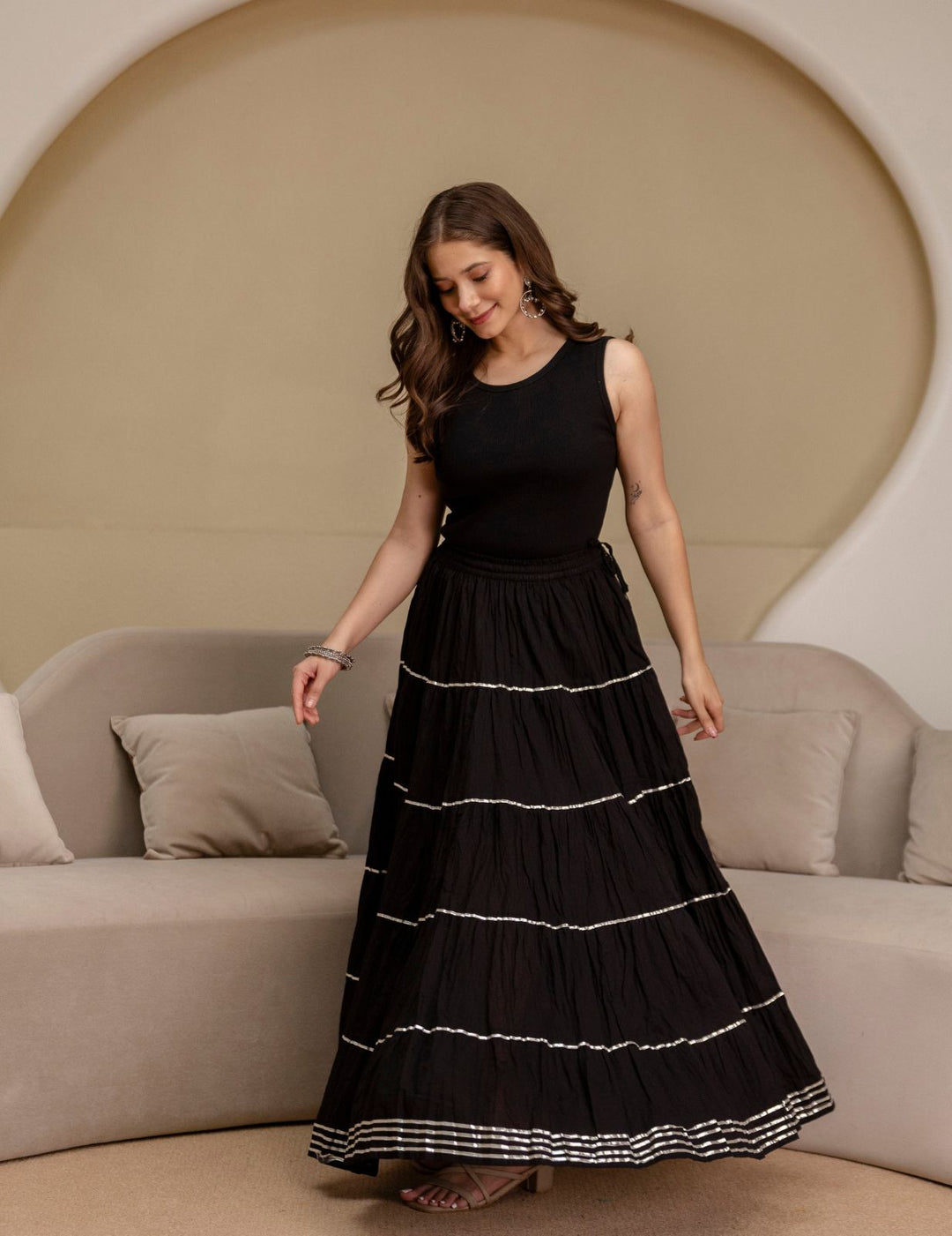Black Mul Cotton Tiered Skirt