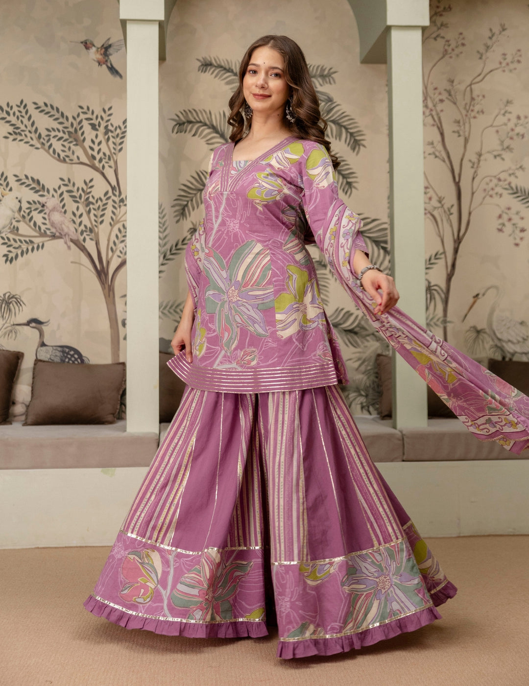 Mauve Floral Cotton Sharara Suit