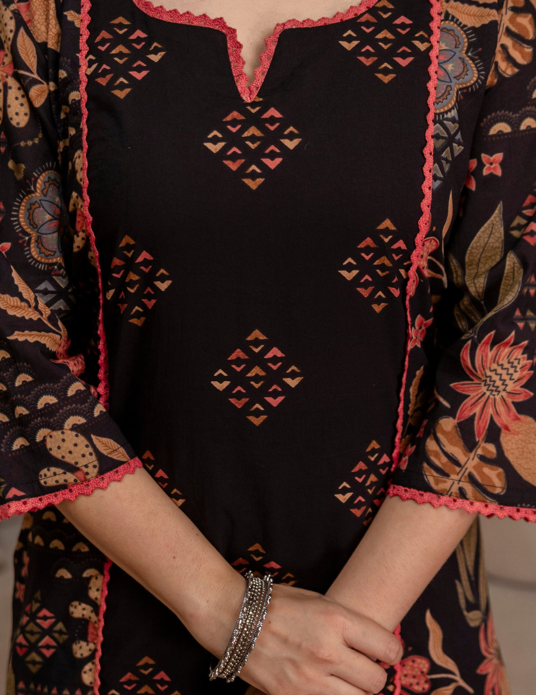 Black Floral Cotton Suit Set