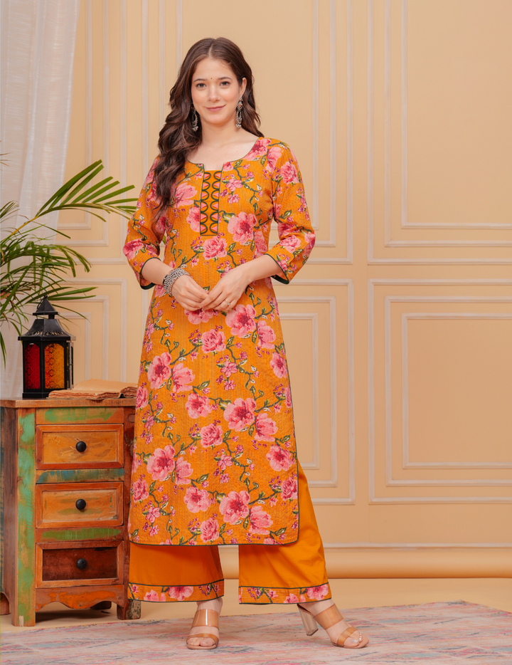 Vibrant Floral Cotton Kurta Sets - Yellow and Blue