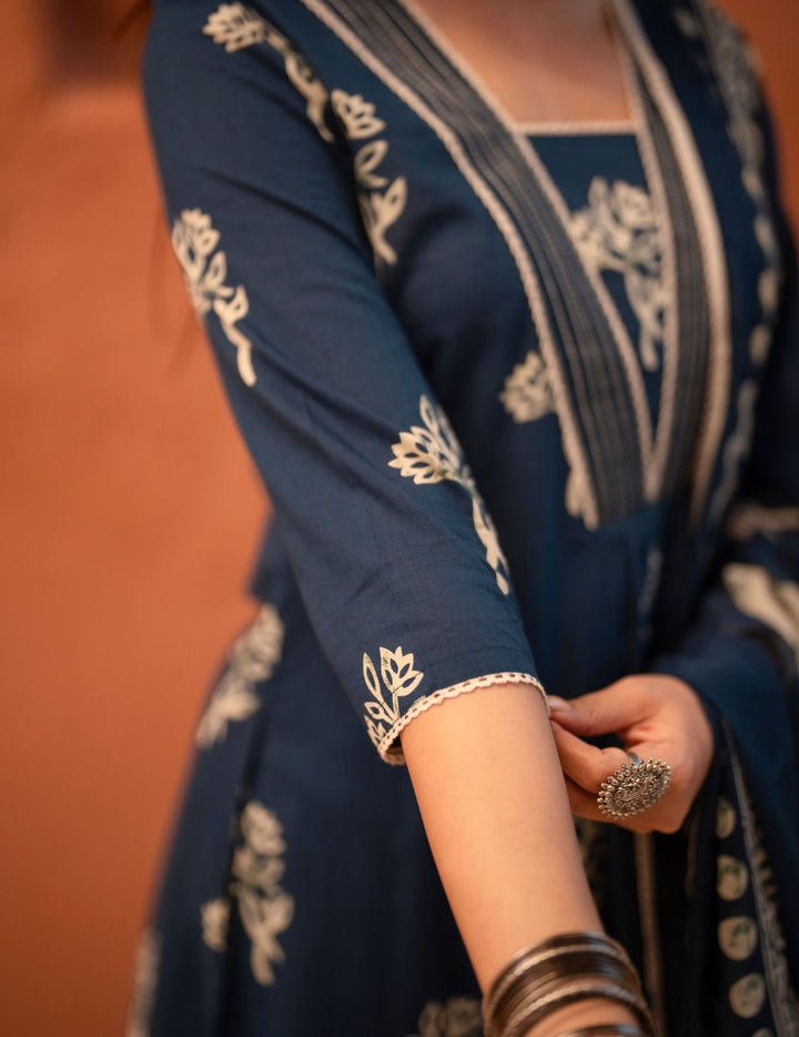 Navy Blue Floral Printed Pure Cotton Kurta Set with Dupatta