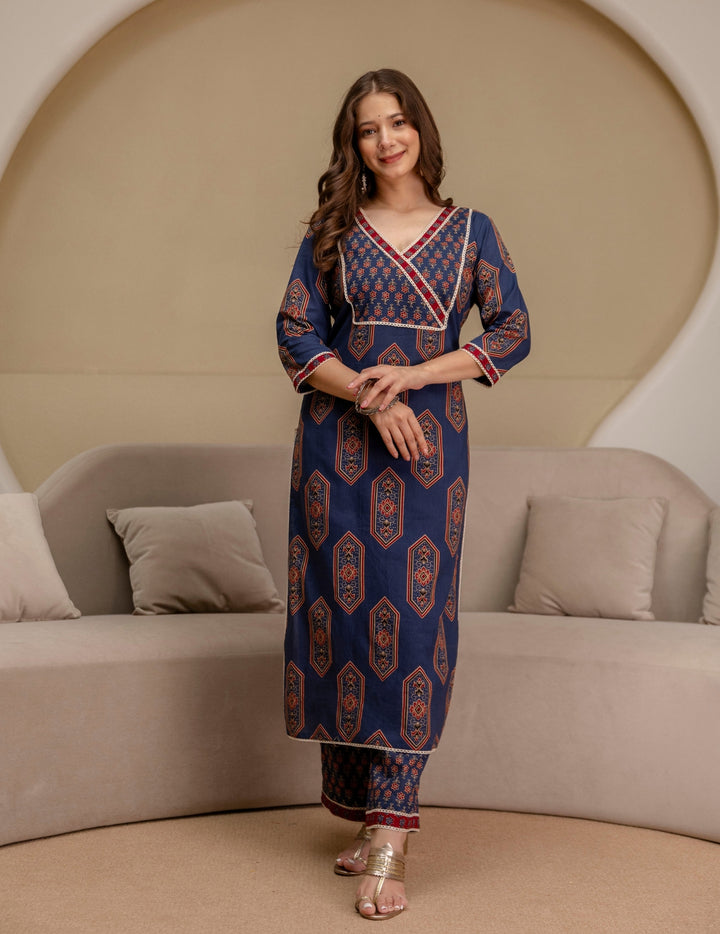 Navy Blue Ajrakh Print Cotton Suit Set